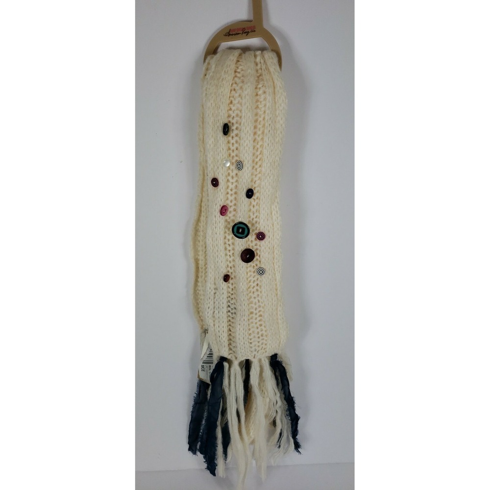 Unique American Rag Scarf w/ Fringe & Buttons Ivory w/ Blue Ribbon Winter - E1